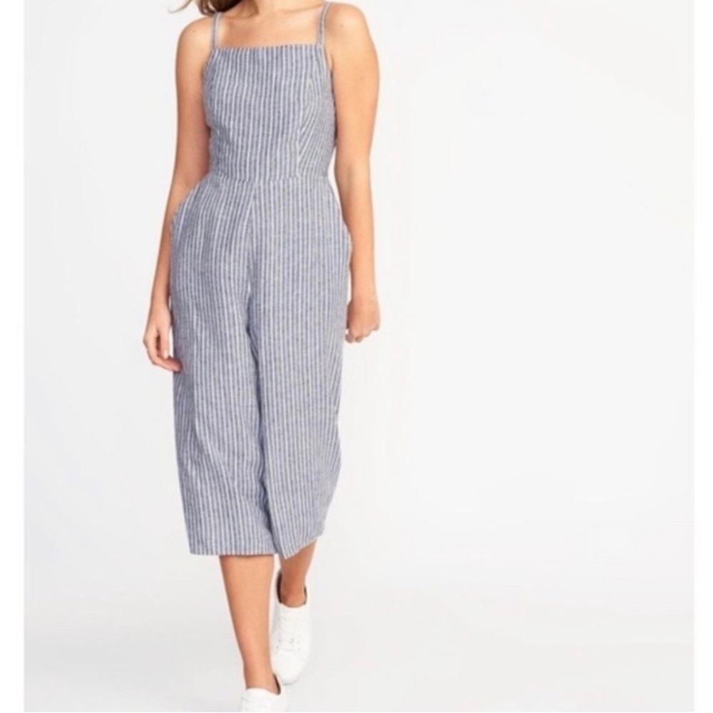 Ok Navy Jumpsuit Linen Blend Women’s XL Blue and White Striped with pockets